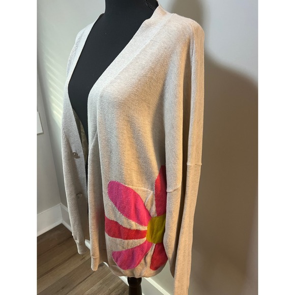 Natural Life Daisy Cotton Cardigan Sweater Oatmeal Floral L/XL Boho Slouchy - Picture 8 of 10